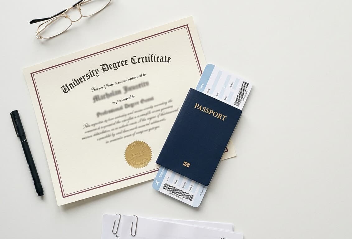 Degree certificate, passport, and travel documents laid out together — the paperwork behind a finished visa application